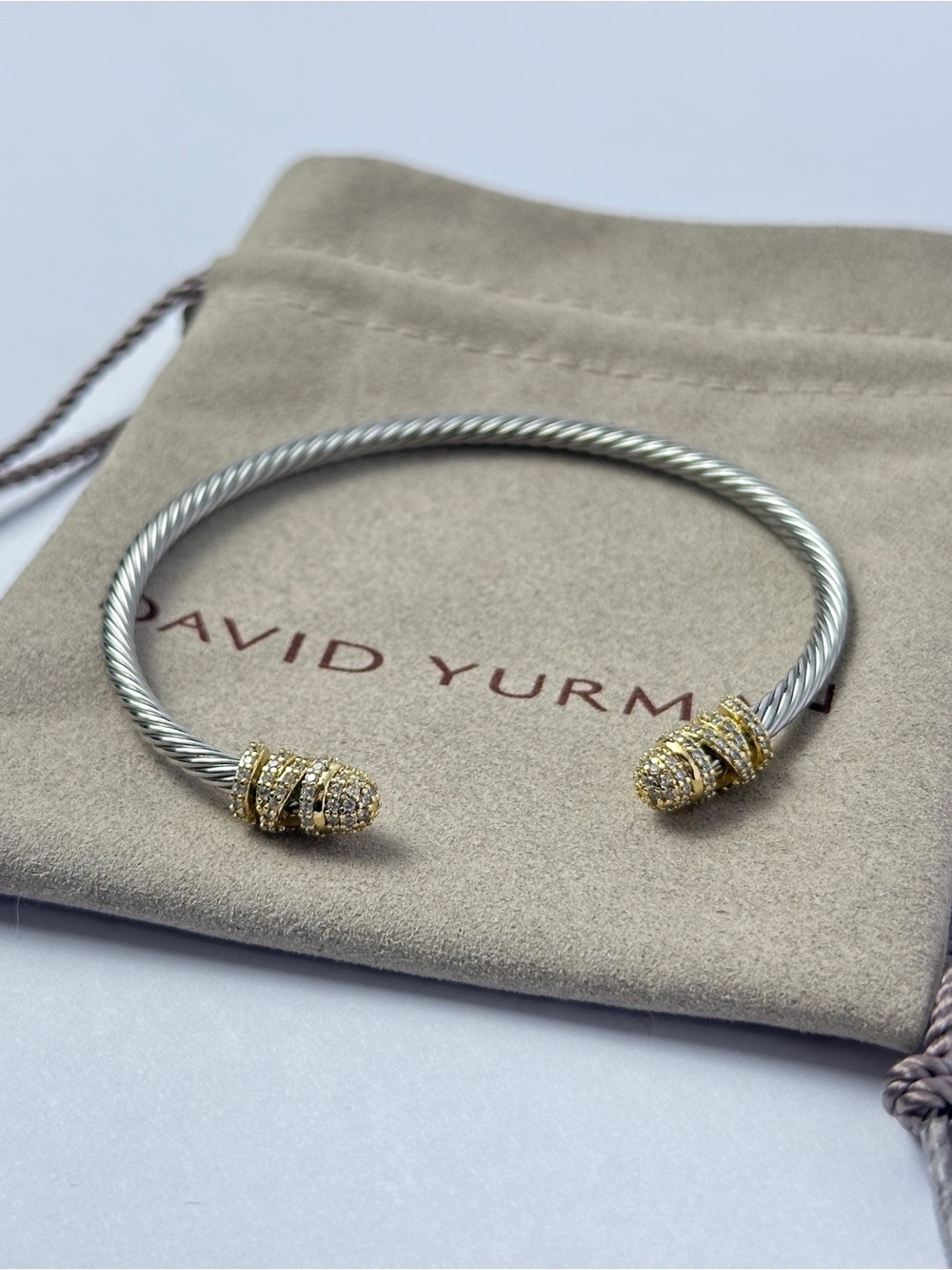 David Yurman Sterling Silver Bracelet with Gold Dip Ends and Pave